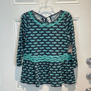 Crown & Ivy Grasshopper Pattern Peplum Long Sleeve Top Small, Green Blue Bug NEW